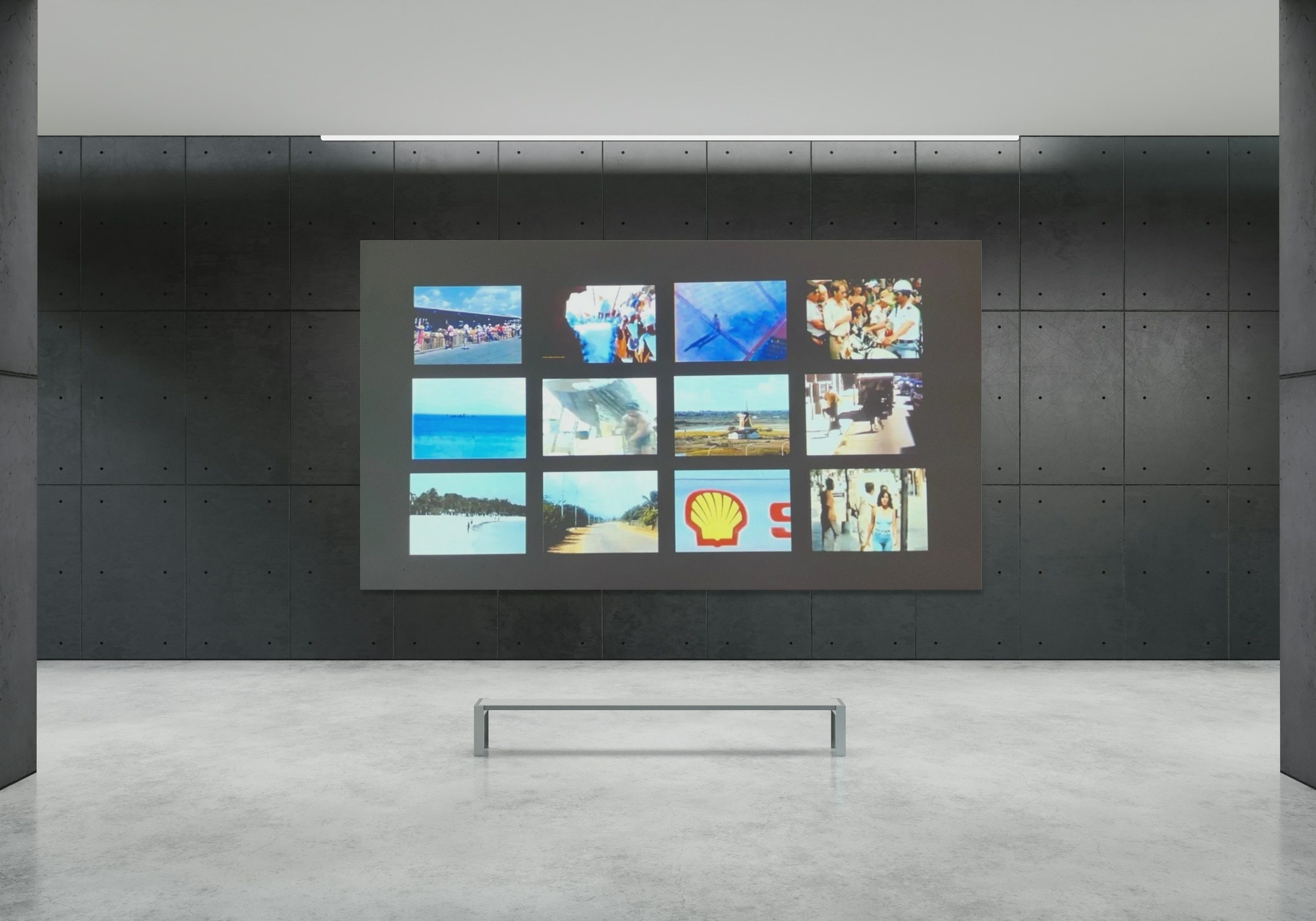 Gallery wall with a projected grid of twelve archive clips of Aruba
