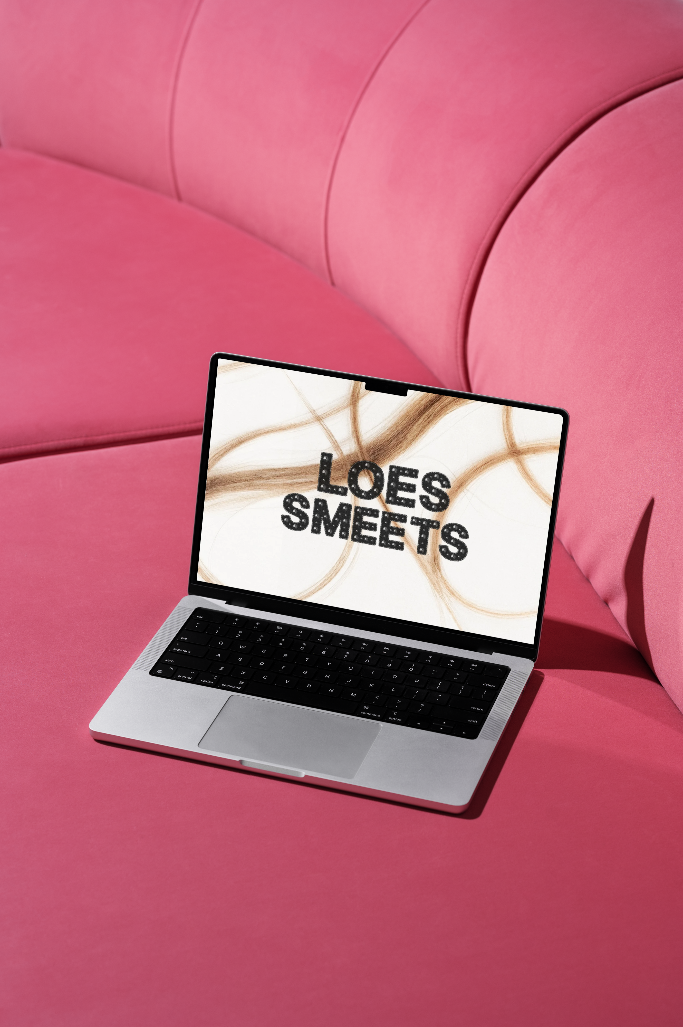 Laptop on a pink sofa with Loes Smeets set in the patch font