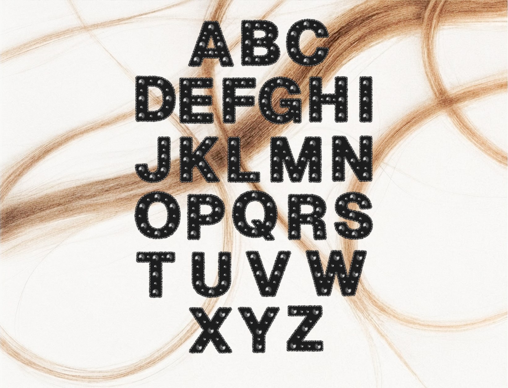 The full patch-style alphabet over strands of hair