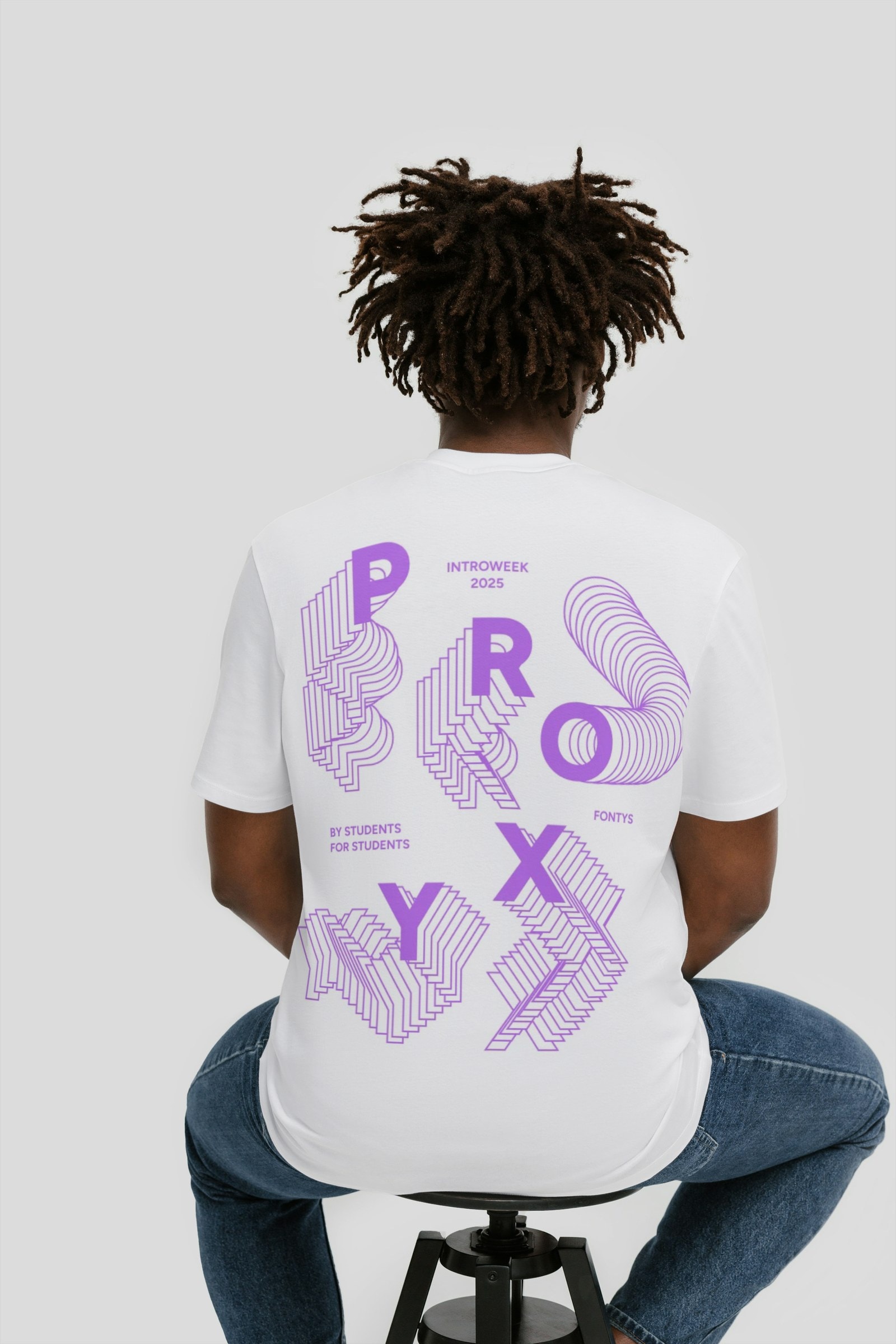 Back of the white shirt with the purple PROXY introweek print
