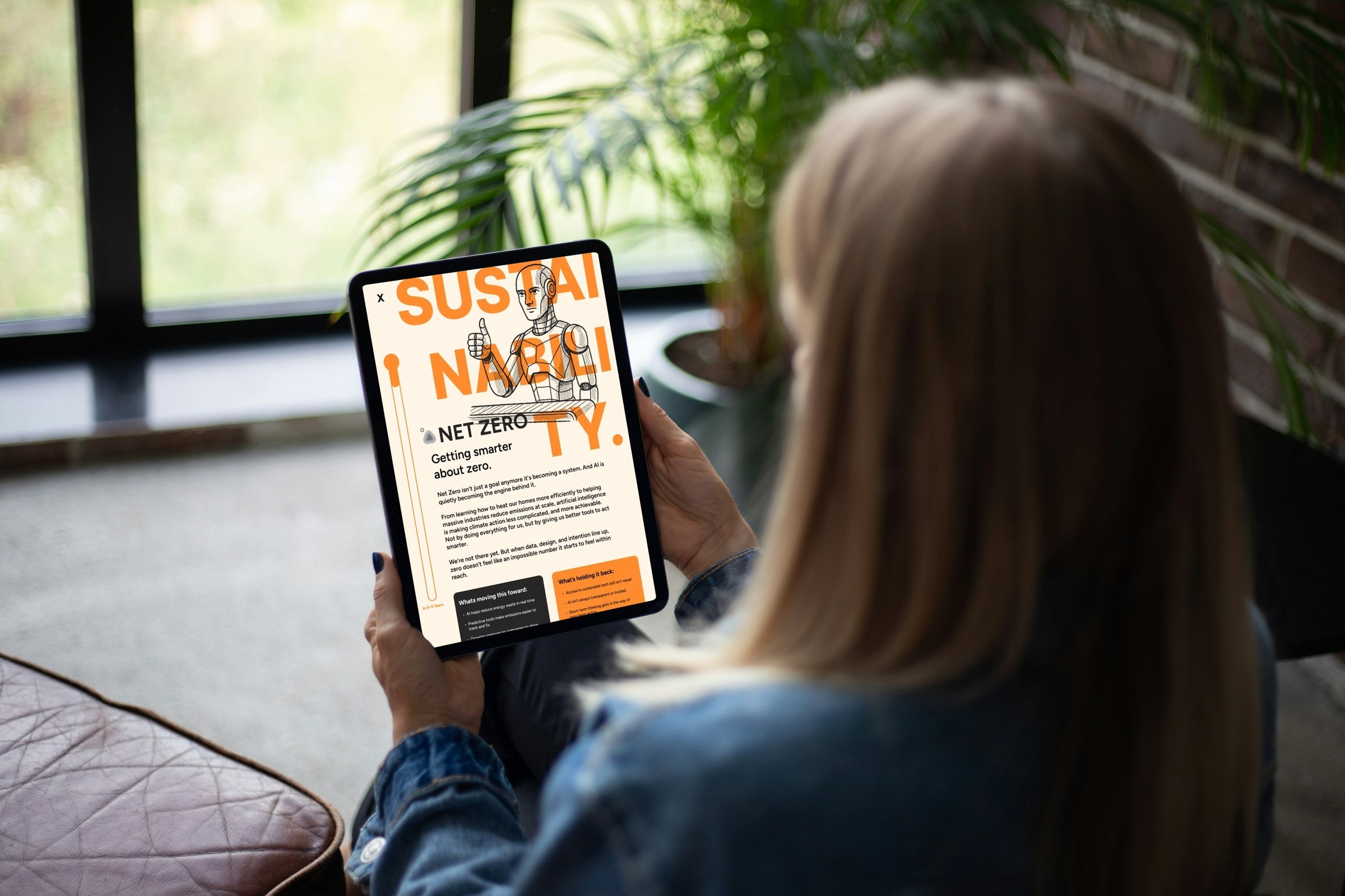 Woman reading the Sustainability chapter of the trend report on a tablet